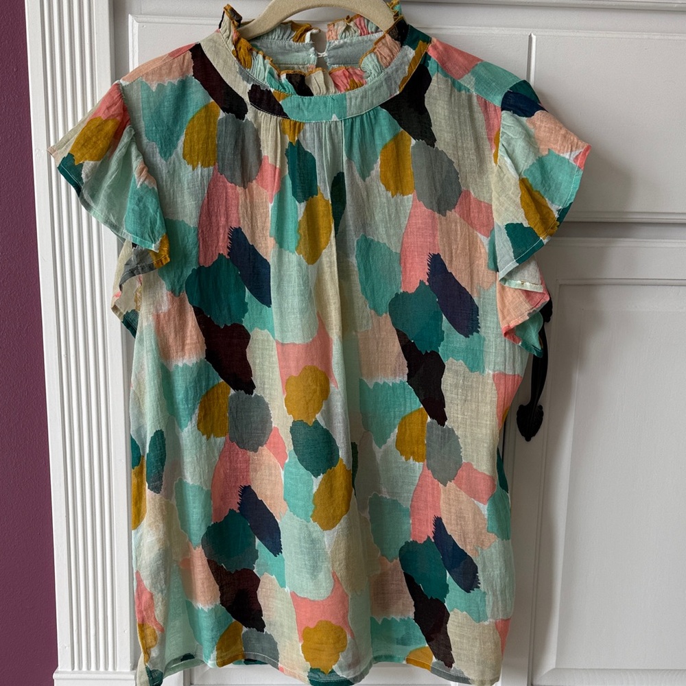 THML Brushstroke Ruffle-collar Cap Sleeve Blouse.